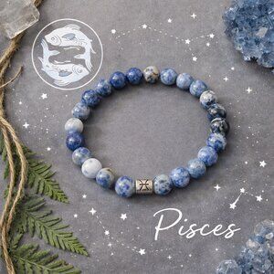Zodiac Pisces Natural Stone Blue & White Gemstone Stretch Bead Bracelet